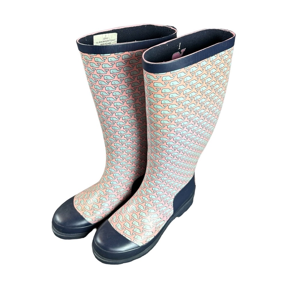 Vineyard Vines Tall Whale Print Pull On Rubber Rain Boots Pink and Blue Size 6